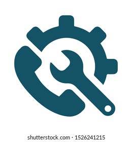 Customer Support Icon With Settings and Phone Symbol. Support service and telemarketing vector icon. Call Center, Phone Assistant, Online Help. Support icon with chat and settings symbol.