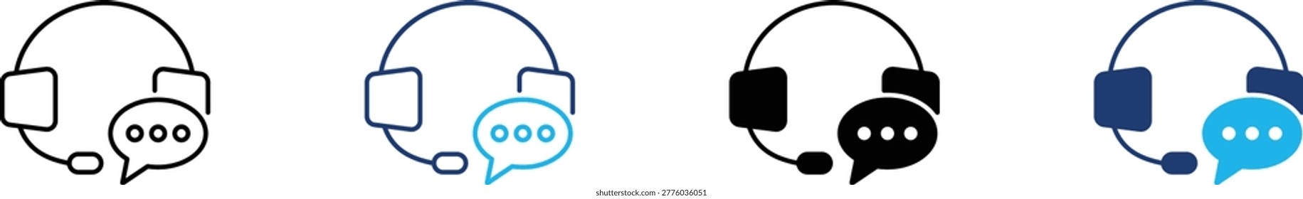 Customer support icon showing professional headset with chat bubble and virtual call center assistance. Professional illustration for client service helpdesks, technical support lines, interactive live chat features, remote telemarketing services, and modern communication software interface design.