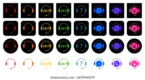 Customer support icons. Headphones and speech bubbles. Assistance, technical support, service. Call center, hotline. Support chat. Set of black icons with multicolored pictures