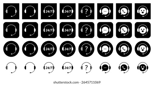 Iconos de Asistencia al cliente. Auriculares y burbujas de voz. Asistencia, Asistencia técnica, servicio. Centro de llamadas, línea directa. Charla de Asistencia. Conjunto de iconos en blanco y negro