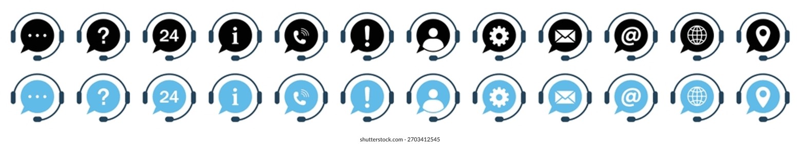 Customer support icons set in black and blue. Call center symbols. Help center communication symbols with headset and chat signs. Support service. Vector illustration.