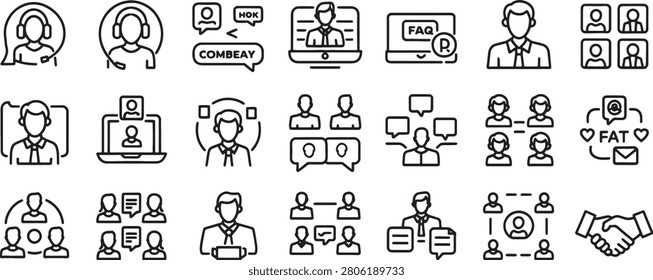 Customer Support Icons Set with Headset Agents, Chat Bubbles, Faq Screens, and Messaging Symbols in Line Style