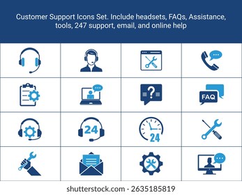 Customer Support Icons. Troubleshooting Icons. Include headsets, FAQs, Assistance, tools, 247 support, email, and online help. Collection of Support. flat icons, solid icons