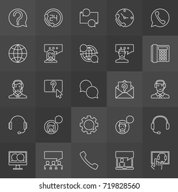 Customer support icons - vector collection of support service concept outline signs on dark background