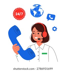 Customer support illustration featuring call center communication and online service concept for technical assistance and business design projects