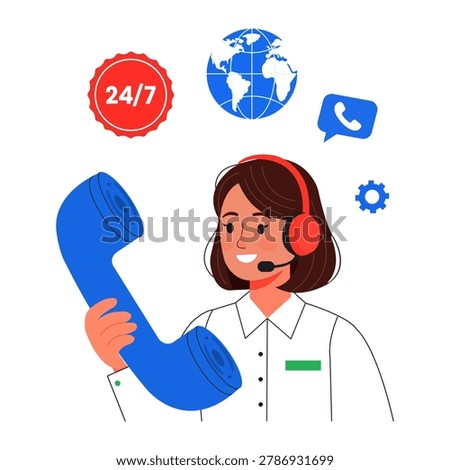 Customer support illustration featuring call center communication and online service concept for technical assistance and business design projects