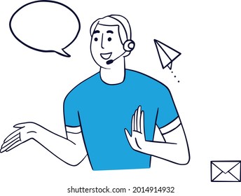 Ilustración de asistencia al cliente. Hombre hablando con el cliente. Hombre usando auriculares. Hombre joven Ayuda al arte vectorial de usuario o cliente.