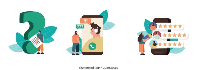 Customer support illustration set. Characters asking a questions, receiving answers from helpdesk operator, sharing user experience and giving customer feedback. Vector illustration.