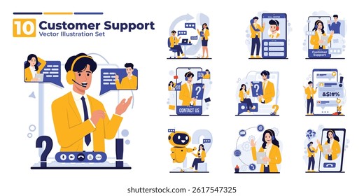 Customer support illustration set showing chatbot, call center, complaint handling, and online help customer services to assist clients