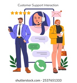 Concepto de interacción de Asistencia al cliente. Ilustración de un Representante de centro de llamadas amigable que ayuda a los clientes con consultas. Satisfacción del cliente, comunicación efectiva.