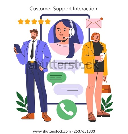 Customer Support Interaction concept. Illustration of a friendly call center representative assisting clients with inquiries. Client satisfaction, effective communication.