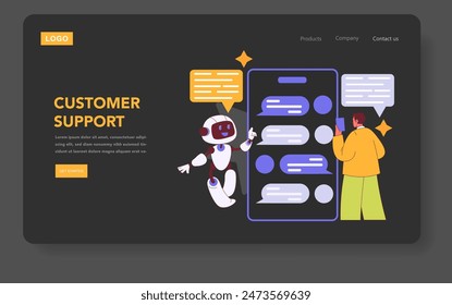 Customer Support interface illustration with an AI bot and user interaction for digital assistance. Modern customer service technology engagement. Vector illustration.