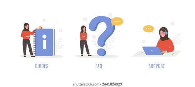 Customer support. Islamic female characters ask questions, get answers, and read user manual. FAQ concept. Online help service. Set of vector illustration in flat cartoon style.