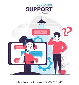 Customer support isolated cartoon concept. Man calls hotline, operator answers client, people scene in flat design. Vector illustration for blogging, website, mobile app, promotional materials.