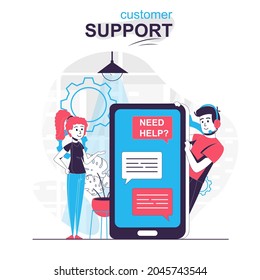 El concepto de dibujos animados aislados de soporte al cliente. Woman escribe chateando con el operador de soporte técnico, personas escena de diseño plano. Ilustración vectorial para blogs, sitio web, aplicación móvil, materiales promocionales.