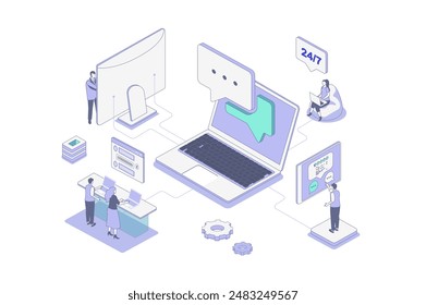 Customer support isometric concept in outline isometry design for web. People working in call center, operators answering in chat and consulting clients, solve technical problems. Vector illustration.