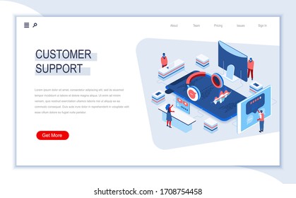 Página de inicio isométrica de soporte al cliente. Servicio de centro de llamadas, asistencia y consulta en línea, chat de ayuda en Internet. Tecnología y dispositivos digitales. Gente ocupada en situación laboral isometría vectorial 3d.