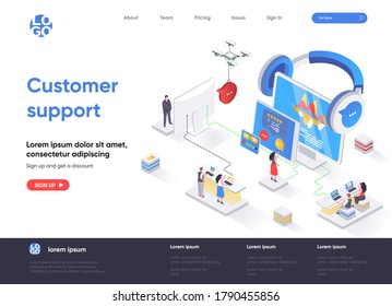 Customer support isometric landing page. Call center service, online assistance, hotline consultation and help chat isometry web page. Website flat template, vector illustration with people characters