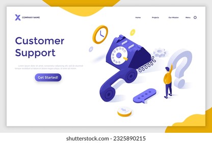 Customer Support isometric landing page template. Doubted consumer with question by corded phone. Seeking help webpage design vector illustration. Get consultation from call center specialists