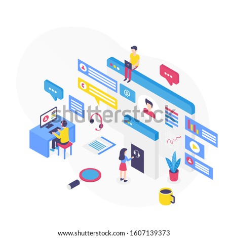 Customer support isometric vector illustration. Digital platform for technical assistance. Callcenter and telemarket. Online corporate marketing. Hotline services cartoon conceptual design element