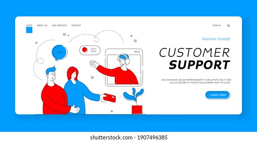 Customer support landing page banner template. Contemporary man and woman making call to assistant while shopping online together. Flat line vector illustration