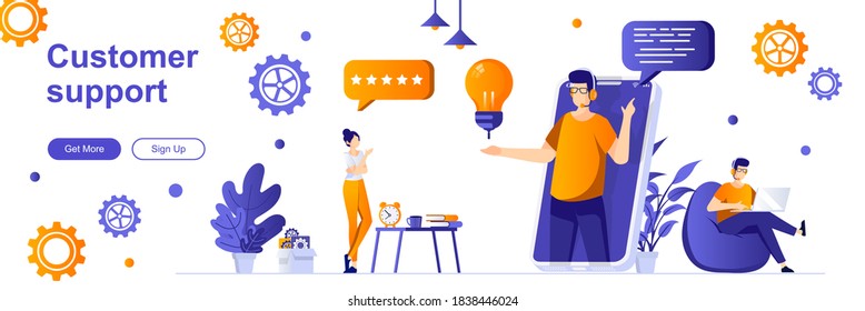 Customer support landing page with people characters. Online customer assistance service web banner. Call center operator vector illustration. Flat concept great for social media promotional materials