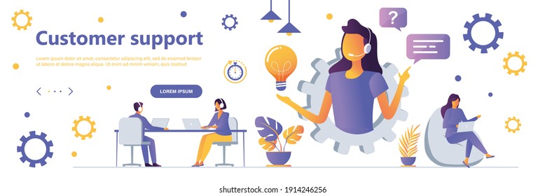 Customer support landing page with people characters. Online customer assistance service web banner. Call center operator vector illustration. Flat concept great for social media promotional materials