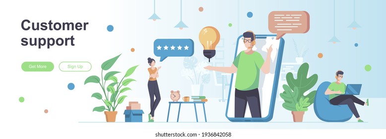 Customer support landing page with people characters. Online customer assistance service web banner. Call center operator vector illustration. Flat concept great for social media promotional materials