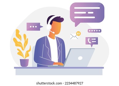 Customer support landing page with people characters. Online customer assistance service web banner. Call center operator vector illustration. Flat concept great for social media promotional materials