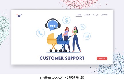 Customer Support Landing Page Template. Young Women Walking with Baby Strollers Call to Telemarketing Store for Ordering Goods. Female Characters Distant Shopping. Cartoon People Vector Illustration