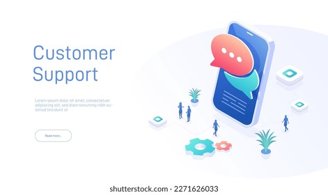 Customer support landing page template. Chat icon on phone screen. Can be used for web banners, infographics. Isometric modern vector illustration.