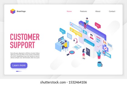 Customer support landing page vector template. Call center, helpline, hotline website homepage interface layout with isometric illustration. Telemarketing business web banner, webpage 3D concept