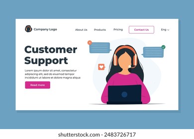 Customer support landing page. Woman with headphones and microphone works on computer in cartoon vector style. Concept of website for service support and call center.