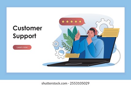Customer support landing page. Woman with headphones on laptop screen. Technical support and answers to frequently asked questions. Flat vector illustration isolated on blue background