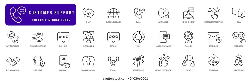 Customer support line icon collection. Containing tech support, customer service, handshake, live chat, help, communication etc.