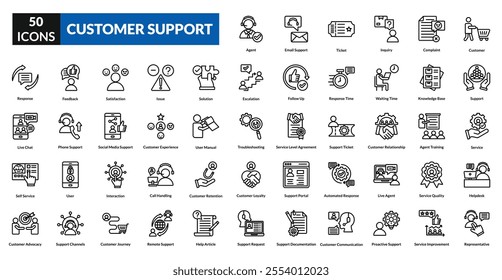 Customer support line icon collection set. Includes service, help, assistance, call, chat, agent, headset, satisfaction, troubleshoot, inquiry, support, resolution, hotline, ticketing, guide