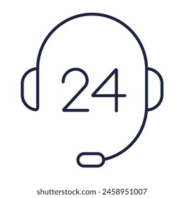 Customer support line icon. Headphones linear logo. Call center 24 7 service. Help assistant outline symbol on white background. Simple style design. Editable vector stroke. Pixel Perfect.