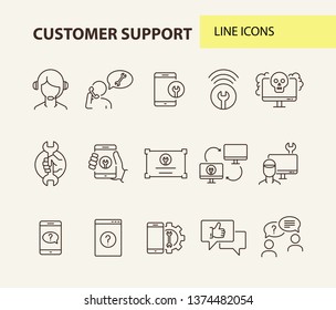 Customer support line icon set. Operator, technical help, computer, smartphone. Digital gadgets concept. Can be used for topics like online consulting, call center, service
