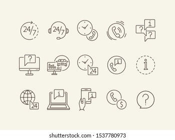 Customer support line icon set. Telephone, computer, speech bubble with question mark, call center operator headset. Online support concept. Can be used for topics like help, service, contact center