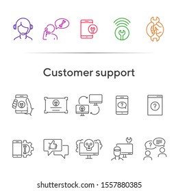 Customer support line icon set. Operator, technical help, computer, smartphone. Digital gadgets concept. Can be used for topics like online consulting, call center, service