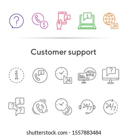 Customer support line icon set. Telephone, computer, speech bubble with question mark, call center operator headset. Online support concept. Can be used for topics like help, service, contact center