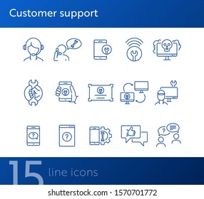 Customer support line icon set. Operator, technical help, computer, smartphone. Digital gadgets concept. Can be used for topics like online consulting, call center, service