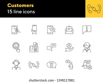 Customer support line icon set. Online chat, mobile phone, fax, operator. Service concept. Can be used for topics like help, assistance, communication