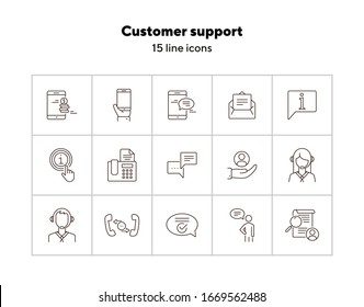 Customer support line icon set. Online chat, mobile phone, fax, operator. Service concept. Can be used for topics like help, assistance, communication