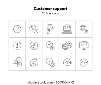 Customer support line icon set. Telephone, computer, speech bubble with question mark, call center operator headset. Online support concept. Can be used for topics like help, service, contact center