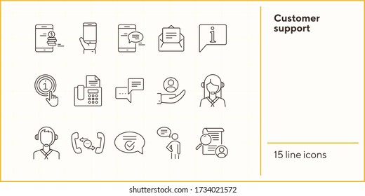 Customer support line icon set. Online chat, mobile phone, fax, operator. Service concept. Can be used for topics like help, assistance, communication