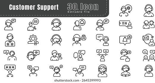 Customer Support Line Icons set. Editable Stroke. Call Center, Contact, Contact Us, Discussion, E-commerce, Expertise, Feedback, IT Support, Like Button, Loyalty, Marketing, Rating, Satisfaction, Serv