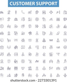 Customer support line icons, signs set. Help, Assistance, Service, Aid, Resolution, Response, Consultation, Enquiry, Care outline vector illustrations.