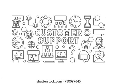 Customer support linear illustration - vector customer service concept horizontal banner in thin line style