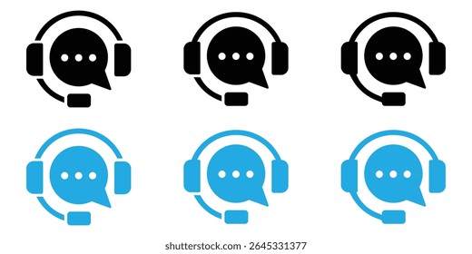 Customer Support and Live Chat Icons – Headset, Speech Bubble, and Call Center Symbols